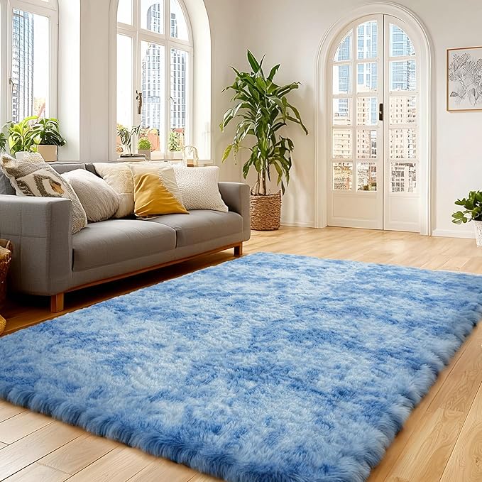 Andency Soft Area Rugs for Living Room Bedroom, 5x8 Fluffy Shaggy Bedside Rug, Non-Slip Large Shag Fuzzy Plush Carpets for Bedroom Kids Dorm Nursery Home Decor Aesthetic, Tie-Dyed Blue