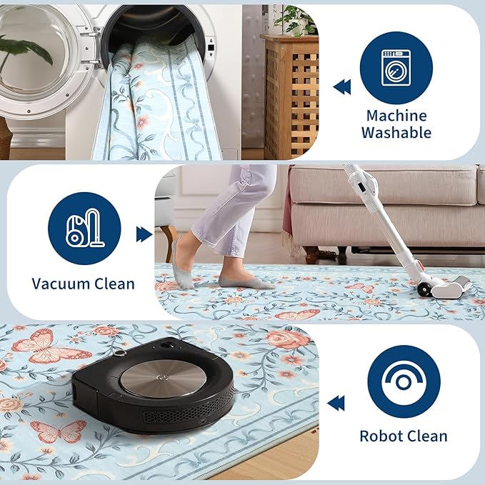 GarveeHome 3x5 Small Area Rug for Bedroom Floral Washable Rugs Non Slip Stain Resistant Living Room Throw Carpet Low Pile Dining Room Blue Area Rug Butterfly Bow Rugs for Nursery Home Decor, 3x5
