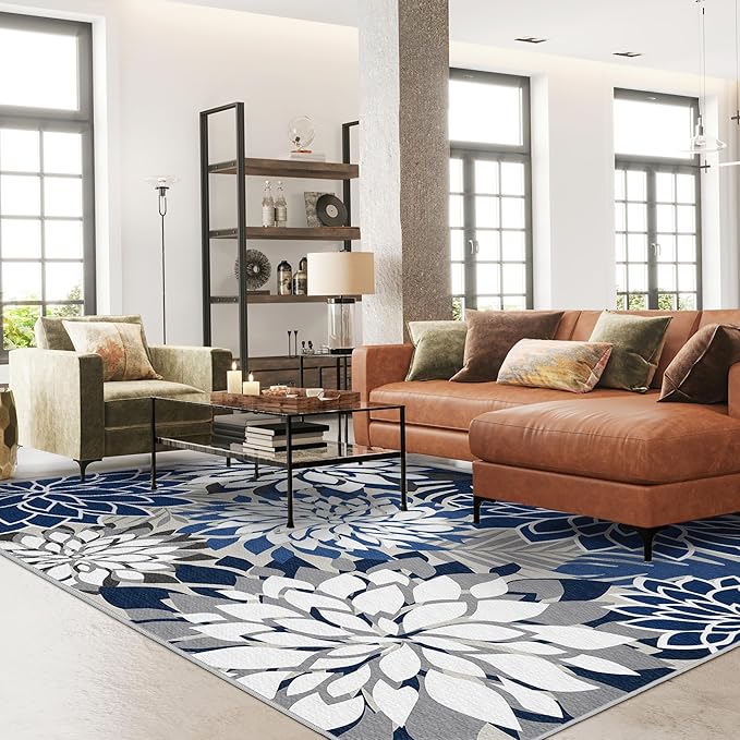 Colorful 9x12 Outdoor Area Rug Washable Multicolored Patio Rug Tropical Botanical Floral Chenille Waterproof Outdoor Carpet Non-Slip for Deck, Backyard, Porch, Blue