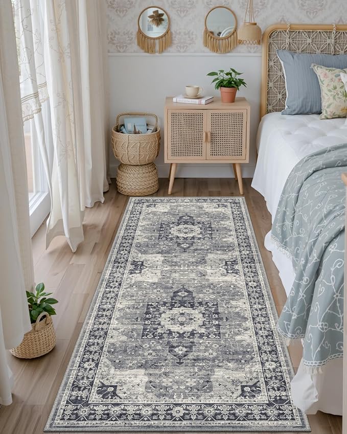 DEXI Hallway Runner Rug 3x12, Distressed Non Slip Runners Carpet, Boho Vintage Soft Thin Indoor Rug, Stain Resistant Washable Entry Mat for Entryway Kitchen Laundry Room Living Room, Blue Grey