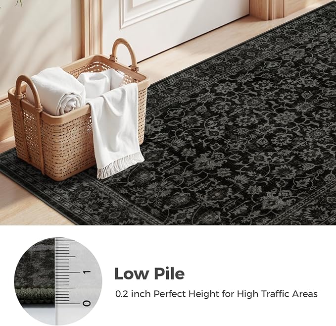 LIVEBOX Washable Area Rug 8x10 - Large Black Boho Living Room Rug Vintage Rugs for Bedroom, Non-Slip Retro Floral Carpet Print Distressed Accent Rugs for Dining Room Home Office