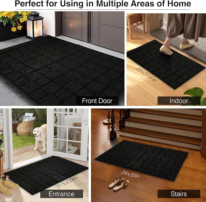 Front Door Mat Outside Entrance, Outdoor Indoor Door Mats for Entryway, Entrance, Entry, Patio, Waterproof Non Slip Doormat, Low-Profile, 24" × 35“, Black