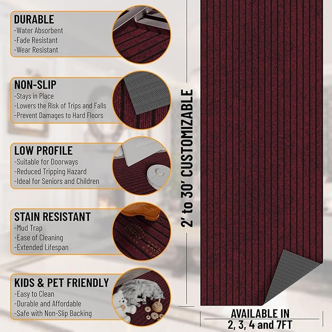 Ottomanson 2'7" x 11' Hallway Runner with Scraper Pile Extra Durable Non-Slip Rug Mat for Indoor & Outdoor Use - Ideal for Kitchen, Entryway, Patio & Garage - High-Traffic Carpet, Red