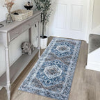 KOZYFLY Runners for Hallways 2x5 Ft Washable Kitchen Runner Rug Boho Runner Rug for Entryway Indoor Blue Printed Oriental Faux Wool Floor Carpet Runner for Laundry Room Kitchen Hall