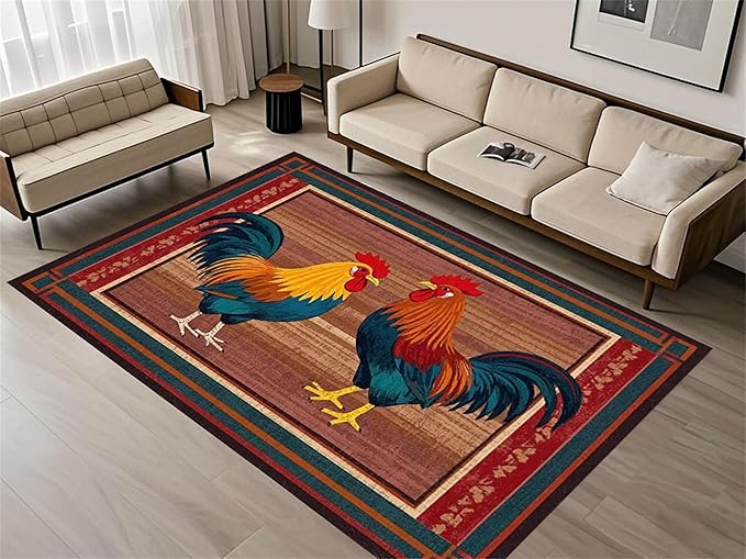Rustic Rooster Area Rug，3x4ft,The Colorful Rooster Rug in A Farmhouse Style Adds Natural Vitality to Your Home，Soft and Comfortable Easy to Clean Carpet Suitable for Living Room Bedroom Kitchen