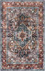 KOZYFLY Boho Area Rug 8x10 Ft Thin Rugs for Living Room Washable Bedroom Rug Non Slip Rugs Printed Faux Wool Vintage Bedroom Rug Floor Carpet for Dining Room Living Room, Brick Red/Orange/Green