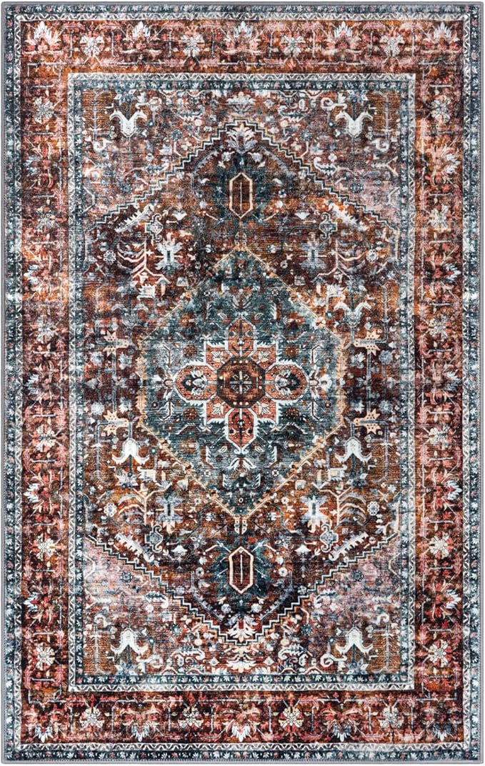KOZYFLY Boho Area Rug 6x9 Ft Thin Rugs for Living Room Washable Bedroom Rug Non Slip Rugs Printed Faux Wool Vintage Bedroom Rug Floor Carpet for Dining Room Living Room, Brick Red/Orange/Green