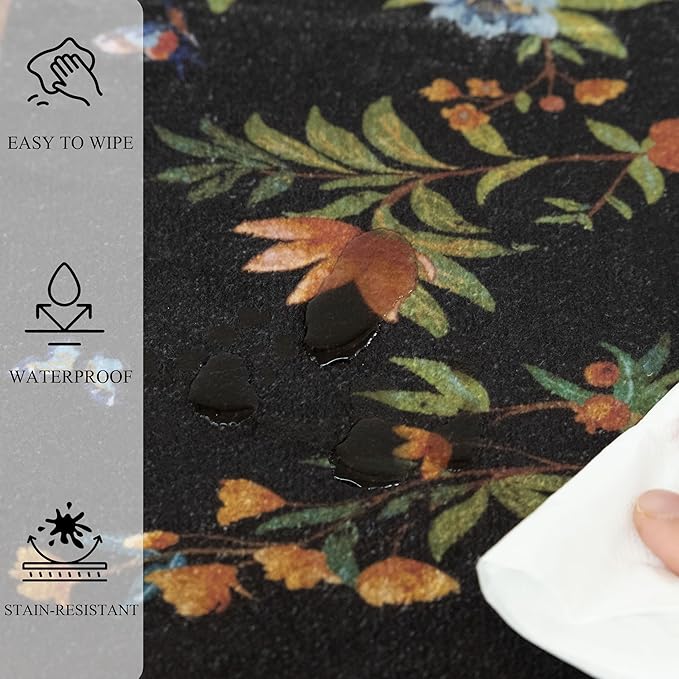 Door Mat Entryway Rug 2x3, Machine Washable Non-Slip Small Area Rug, Boho Floral Low Pile Throw Rugs for Entrance, Front Door, Entry, Kitchen, Kids Room（Black）