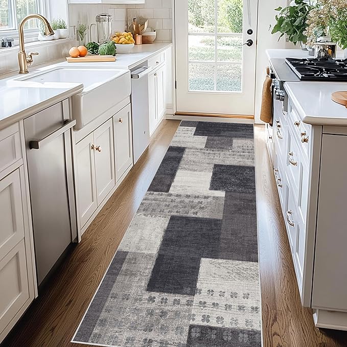 Modern Geometric Patchwork Indoor Runner Rug for Living Room, Charcoal 2'x 6' Rug Rockwood Collection Hardwood Floors Decor for Bedroom, Grey Throw Carpet for Office Entryway Dining Room