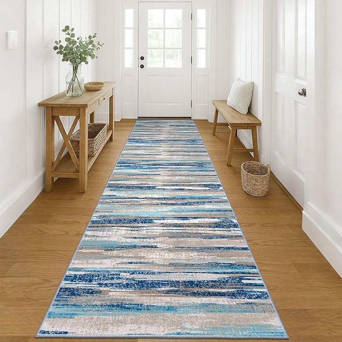Modern Abstract Runner Rug 3x12, Blue Washable Long Kitchen Runner Non-Slip Soft Hallway Rug Runner Thin Print Faux Wool Carpet for Entryway Bedroom Laundry Room Indoor Home Decor