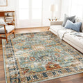 Area Rug 9'x12' Washable Vintage Traditional Mat Distressed Indoor Foldable Thin Retro Accent Floral Print Non Slip Carpet for Living Room Dining Room Office