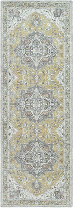 Bloom Rugs Washable Non-Slip 10 ft Runner - Yellow Traditional Medallion Runner for Entryway, Hallway, Bathroom, and Kitchen - Exact Size: 2.5' x 10'