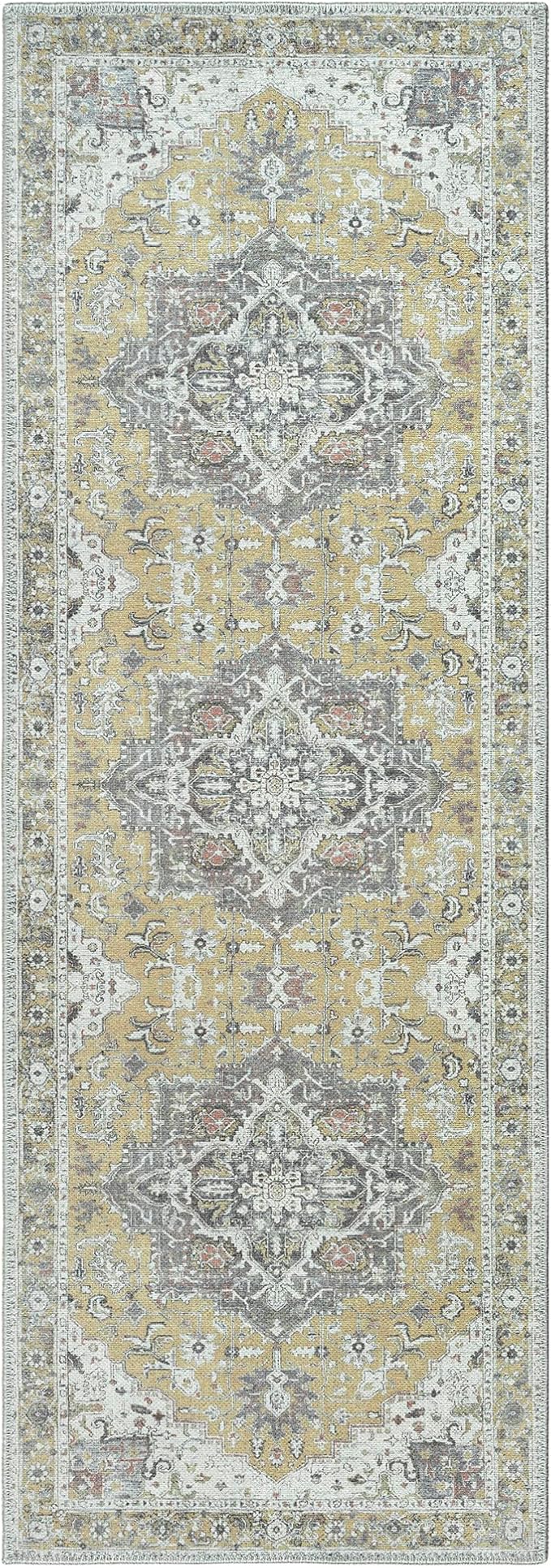 Bloom Rugs Washable Non-Slip 12 ft Runner - Yellow Traditional Medallion Runner for Entryway, Hallway, Bathroom, and Kitchen - Exact Size: 2.5' x 12'