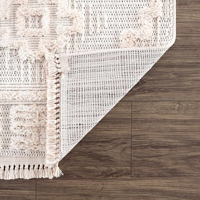 Hauteloom Rosales Farmhouse Living Room Bedroom Modern Moroccan Medallion Area Rug - Soft Shaggy High Low Carpet - High Pile - Bohemian, Boho - White, Beige, Cream - 7'10" x 10'