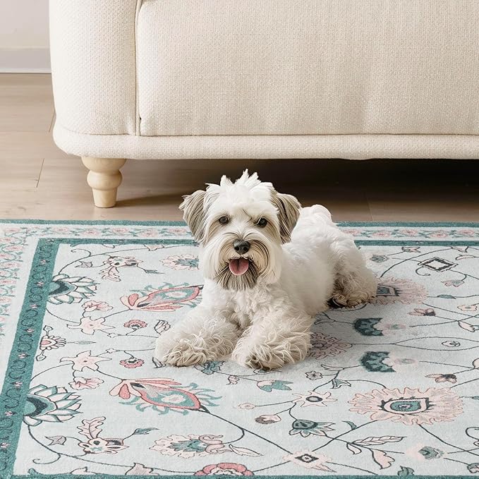 EVERGRACE Area Rugs for Living Room 3x5, Boho Floral Faux Wool Indoor Outdoor Rugs, Washable Rugs for Bedroom Entryway Dining Room Hallyway, Low Pile Floor Mat Carpet for Home Decor, Pale Blue