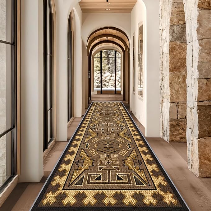 Brown Geometric Runner Rug, 3x8ft Hallway Runner Washable Rug, Corridor & Foyer High-Traffic Rugs, Indoor Durable Non-Slip Mat, Vintage Southwestern Decorative Home Carpet