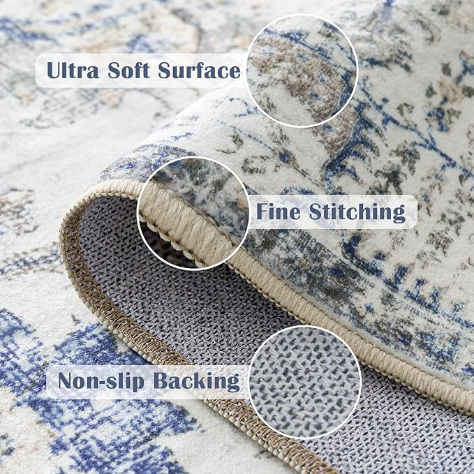 jinchan Kalen Runner Rug 2x6 Washable Area Rug Soft Vintage Hallway Indoor Floor Mat Thin Retro Distressed Carpet Blue Floral Country Non Slip Bathroom Kitchen Bedroom Living Room