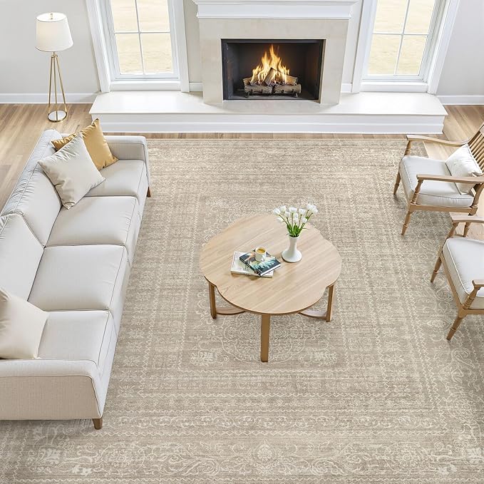 10x14 Area Rugs Living Room: Washable Large Vintage Rug Neutral Non-Slip Soft Stain Resistant Indoor Carpet for Bedroom Nursery Dining Room Under Table Bed Home House Office Playroom - Brown