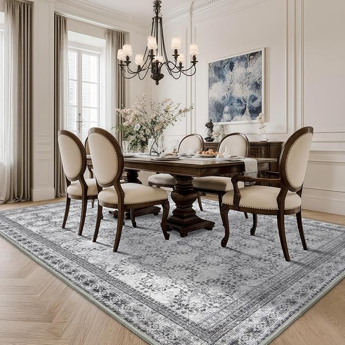 6x9 Washable Area Rug Non Slip, Faded Grey Living Room Rugs Low Pile, Thin Vintage Floral Carpets, Indoor Large Distressed Print Carpet for Bedroom Dining Room Farmhouse Home Office College Dorm