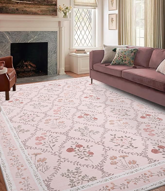 YIHOUSE 8x10 Washable Rug for Living Room, Pink Floral Rugs for Bedroom Boho Area Rug Non Slip Ultra-Thin Large Rug for Kids Playroom, Classroom, Girls Dorm, Nursery, Pink Multi