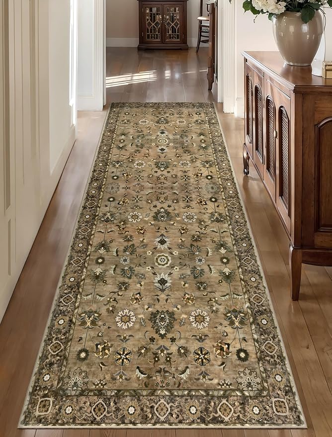 Tangsoo Brown Hallway Runner Rugs 2.6x14 Washable Runner Rug for Hallways, Non Slip Floral Vintage Soft Low Pile 14ft Long Rug Runner, Print Carpet Runners for Kitchen Bedroom Entryway Living Room