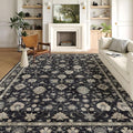 Area Rugs 9x12 Living Room - Large Washable Charcoal Black Boho Rugs for Bedroom Soft Vintage Rug Ultra-Thin Traditional Floral Carpet Moody Farmhouse Rug for Dining Room Guest Room Home Decor