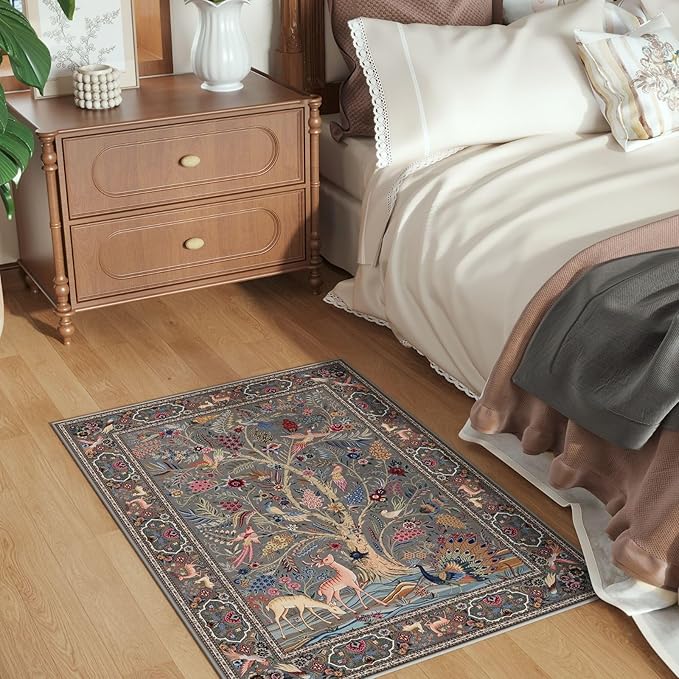 Rugcomf Indoor Door Mat 2x3 Rug Vibrant Tree of Life-Patterned Vintage Machine Washable Small Area Rug Non-Slip Low Pile Throw Rugs for Entryway Kitchen Front Door Entrance Entry Kids Room, Grey