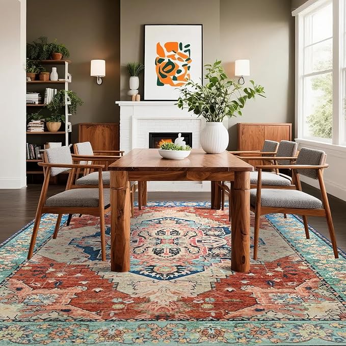 Large Area Rugs 9x12, Low Pile Washable Rugs - Soft Vintage Distressed Rugs for Living Room Bedroom, Office, Dining Room, Water Repellent & Non Shedding, Terracotta