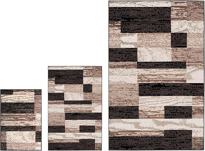 Superior Rockwood 3 Piece Indoor Area Rug Set, Jute Backing, Modern Color Block Decor For Hallway, Entry, Office, Kitchen, Bedroom, Living Room Floors, Plush Rugs, 2' x 3', 3' x 5', 5' x 8', Chocolate