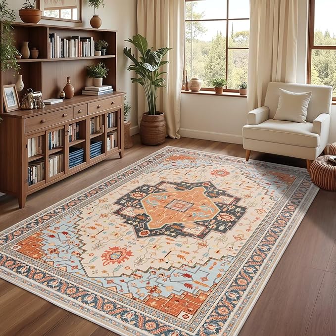 5x7 Orange Beige Area Rug for Living Room, Machine Washable Rugs with Non-Slip Backing for Bedroom, Vintage Medallion Carpet Dining Room Office Kids Room Decor