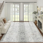 jinchan Area Rug 9x12 Washable Living Room Rug Vintage Indoor Large Floor Cover Retro Accent Mat Distressed Gray Floral Country Boho Non Slip Thin Carpet for Bedroom Kitchen Dining Room Office Grey