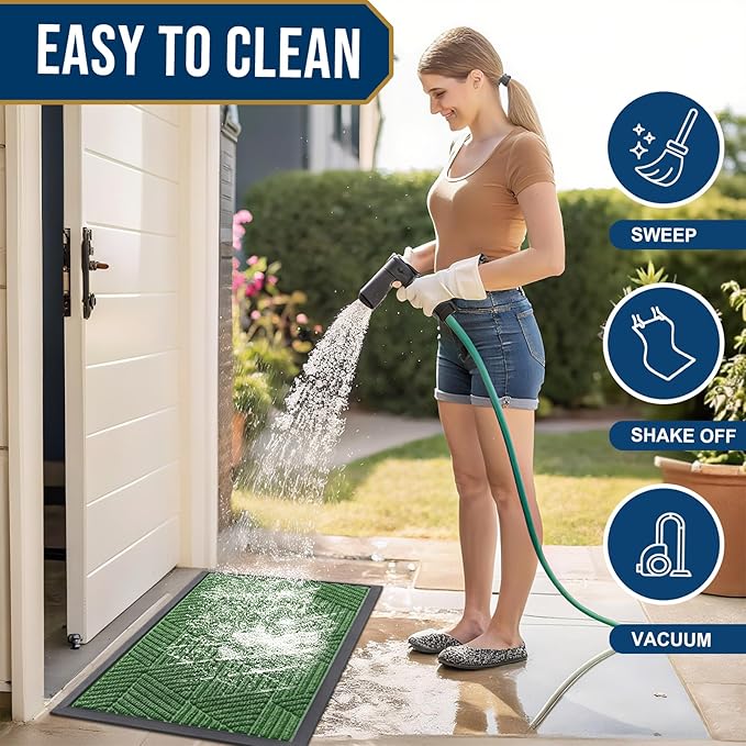Kitinjoy Front Door Mat Outside Entrance, Sturdy Natural Dirt Trapper, Heavy Duty Rubber Doormat, Low Profile Non-Slip Backing, Easy Clean Floor Mat for Indoor Outdoor Entry, 47X32 Inch, Green