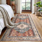 KOZYFLY Runners for Hallways 3x8 Ft Washable Kitchen Runner Rug Boho Runner Rug for Entryway Indoor Rust/Orange/Blue Printed Oriental Faux Wool Floor Carpet Runner for Bedroom Kitchen Hall