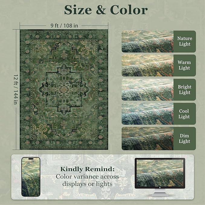 Large Vintage Area Rugs 9x12 for Living Room, Dark Green Tranditional Distressed Medallion Printed Big Carpet Rugs for Bedroom, Washable Non Slip Low Pile Thin Rugs for Dining Room