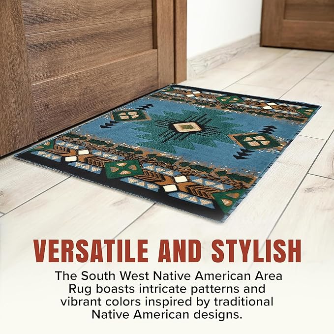 YHSF South West Native American Area Rug C318 - Easy Clean, Thick, Soft, Durable Native Tribal American Indian Inspired Rug for Bedroom/Living Room and More - Blue-Green, 8 Feet x 10 Feet