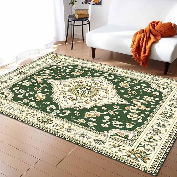 Green Bohemian Rectangular Area Rugs for Living Room Bedroom 5 x 6.9 ft Vintage Farmhouse Floral Pattern Non-Shedding Soft Low Pile Rug Non Slip Washable Rug for Nursery Entryway Playroom