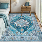 Tangsoo 5x7 Area Rug Washable Rugs for Living Room, Vintage Indoor Non Slip Large Area Rugs, Print Carpet, Soft Low Pile Rug Foldable Floor Rug for Bedroom Dining Room Dorm Blue