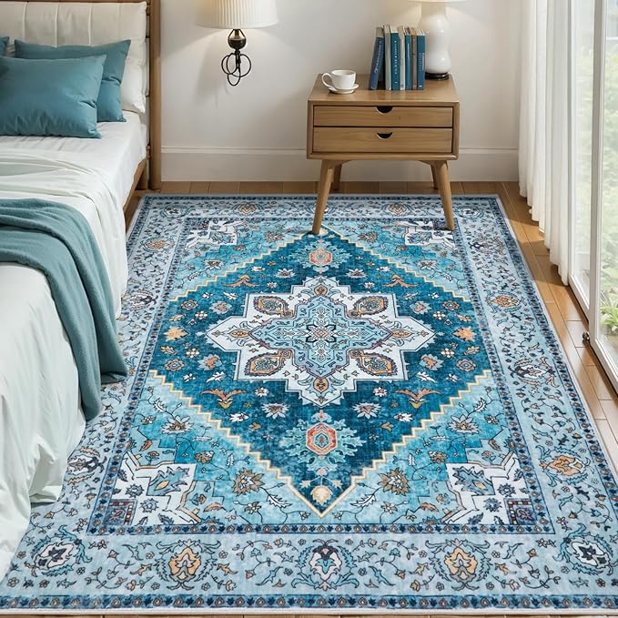 Tangsoo Blue 3x5 Washable Rug, Vintage Indoor Area Rugs, Boho Non Slip Accent Rug Carpet, Soft Low Pile Rugs for Living Room Dorm Bedroom Bedside Entryway Bathroom Home Decor