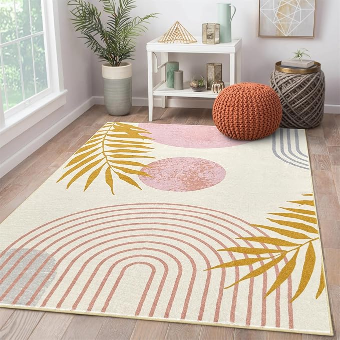 RoomTalks Cute Pink Nuresry Rug Washable, Boho Modern Contemporary Aesthetic 4x6 Area Rugs for Bedroom Dining Living Room Dorm, Abstract Art Tropical Leaves Thin Indoor Entryway Rug Carpet