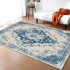 Blue Bohemian Rectangular Area Rugs for Living Room Bedroom 5 x 6.9 ft Vintage Farmhouse Floral Pattern Non-Shedding Soft Low Pile Rug Non Slip Washable Rug for Nursery Entryway Playroom