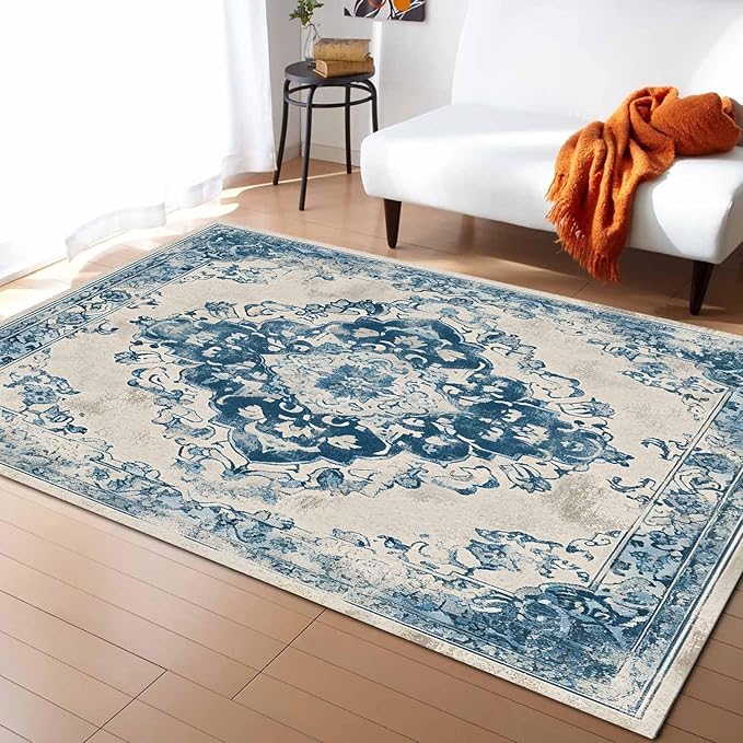 Blue Bohemian Rectangular Area Rugs for Living Room Bedroom 3 x 5 ft Vintage Farmhouse Floral Pattern Non-Shedding Soft Low Pile Rug Non Slip Washable Rug for Nursery Entryway Playroom