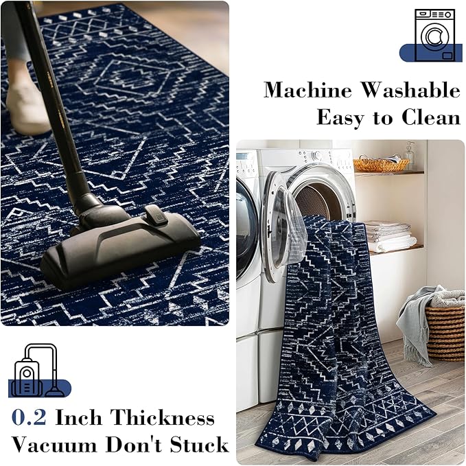 Wonnitar Washable Runner Rug for Kitchen, 2'6"x8' Moroccan Blue Hallway Carpet Runner, Non-Slip Long Geometric Rustic Entryway Floor Runner Soft Throw Mat for Bedroom Bathroom Closet (Blue,2'6"x8')