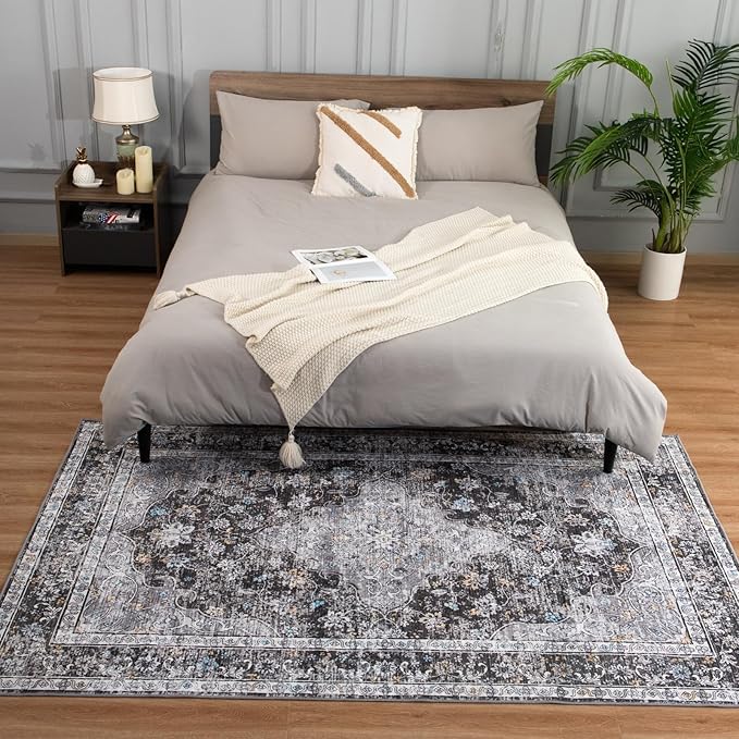 5x7 Washable Rug – Boho Non-Slip Indoor Area Rug for Living Room, Bedroom, Dining Room, Entryway – Charcoal Grey and Ivory with Blue Highlights