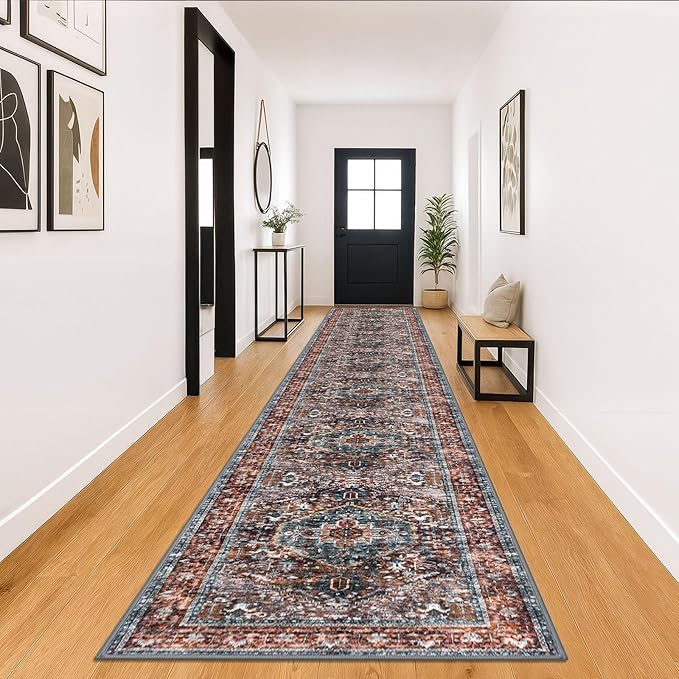KOZYFLY Area Rug 3x18 Ft Washable Boho Runner Rug for Entryway Hallway Indoor Printed Faux Wool Carpet for Bedroom Kitchen Hall, Brick Red/Orange/Green