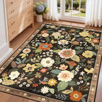Floral 3x5 Area Rug Machine Washable Soft Print Boho Carpet Non Slip Doormat Low Pile Flower Area Rugs for Living Room Bedroom Nursery Kitchen Dining Room Indoor-Black/Yellow/Red