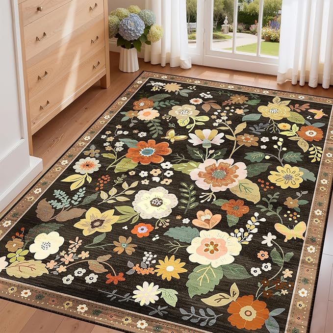 Floral 3x5 Area Rug Machine Washable Soft Print Boho Carpet Non Slip Doormat Low Pile Flower Area Rugs for Living Room Bedroom Nursery Kitchen Dining Room Indoor-Black/Yellow/Red