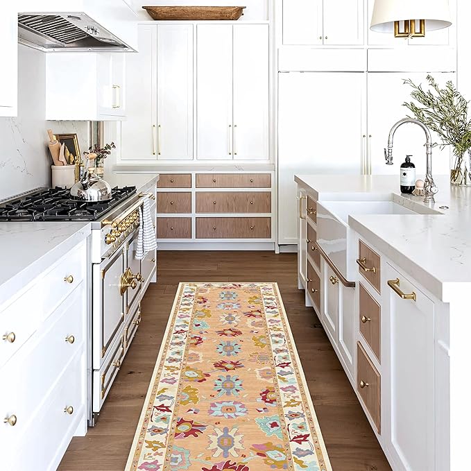 Fame Living Orange Oushak Rug, Modern Rugs, Vintage, Turkish, Eclectic, Floral, Pastel, Washable, Small Throw, Accent Area Rug for Living Room, Bedroom, Kitchen, Bathroom, 2'5"x4'9"