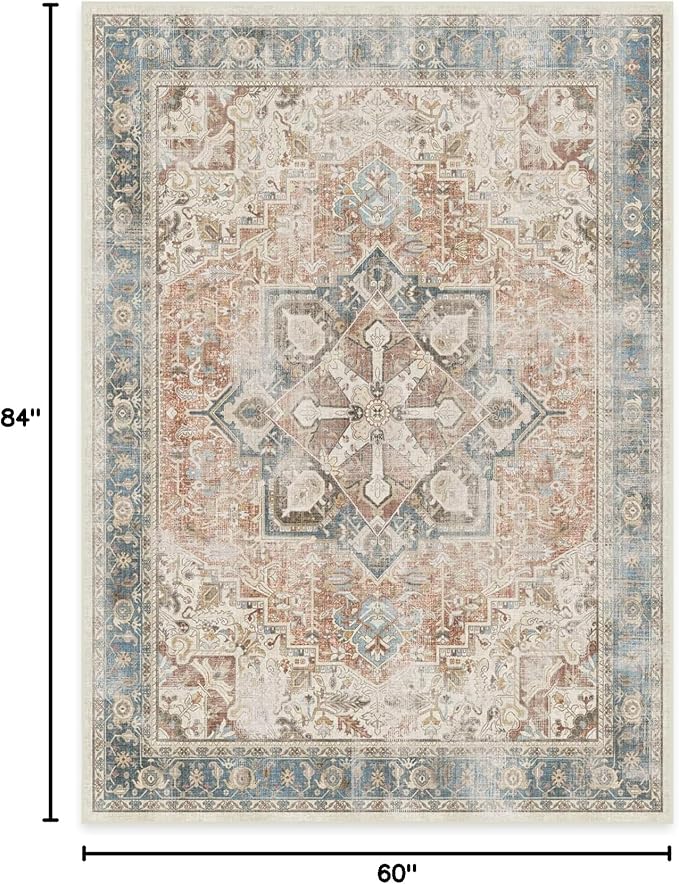 RUGGABLE Washable Vintage Area Rug – Kamran Coral 5x7, Stain-Resistant, Non-Slip – Medium Machine Washable Rugs for Living Room, Bedroom, Hallway, Entryway & Office–with Cushioned Pad