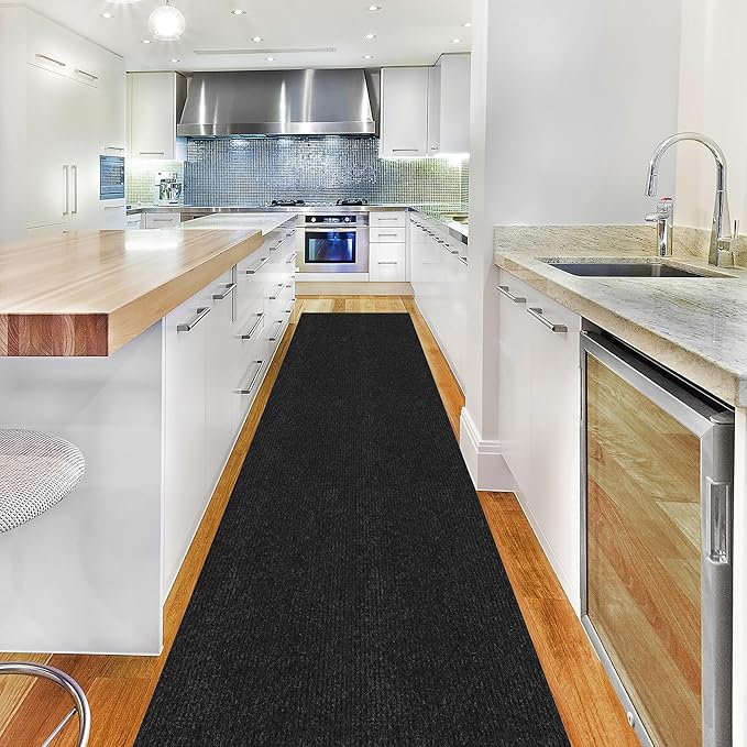 Ottomanson 2'7" x 45' Hallway Runner with Scraper Pile - Extra Durable Non-Slip Rug Mat for Indoor & Outdoor Use - Ideal for Kitchen, Entryway & Garage - High-Traffic Carpet, Black
