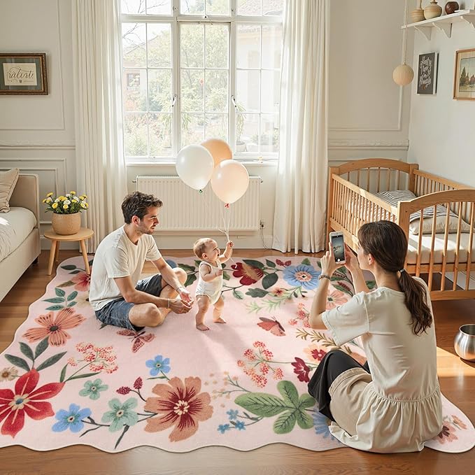 Lahome Floral Living Room Rugs, Pink Area Rugs 5x7 Rug for Bedroom Ultra-Thin Soft Non-Slip Washable Rugs Stain Resistant Throw Boho Carpet for ‎‎Nursery Playroom Classroom, Light Pink